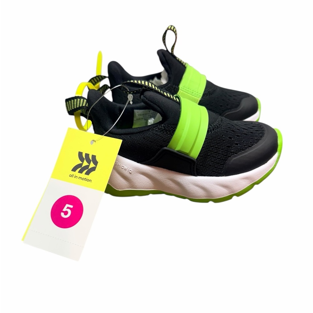 All in Motion Kids Black and Neon Green Sneakers 5C